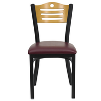 Chaise de restaurant HERCULES en métal noir avec dossier à lattes - dossier en bois naturel et siège en vinyle bourgogne-Ensemble de 2 chaises de salle à manger en métal
