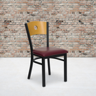 Chaise de restaurant HERCULES en métal noir avec dossier à cercle découpé - dossier en bois naturel, siège en vinyle bourgogne-Assemblage soudé