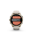 Garmin fēnix 8 - AMOLED Outdoor Recreation/Adventure Watches - 43 mm - Sapphire, Soft Gold with Fog Gray/Dark Sandstone Silicone Band-For your active lifestyle, a built-in speaker and mic let you make and take phone calls from your wrist when your watch is paired to your smartphone — and you can even use your smartphone’s voice assistant to respond to text messages and more