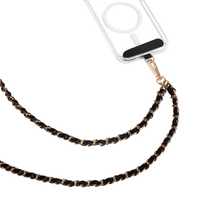 Evry - Chaîne métallique universelle et sangle de téléphone en cuir végétalien pour porter en bandoulière - noir et or-Compatible avec tous les smartphones