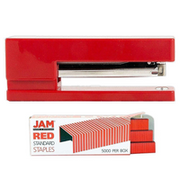 JAM Paper - Ensemble de travail et de bureau, agrafeuse et boîte d’agrafes, rouge (3375RERE)-Couleur : Agrafeuse rouge et paquet d’agrafes rouges
