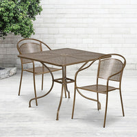 Table de jardin carrée or en acier de 35,5 po, 2 chaises au dossier rond, intérieur/extérieur [CO-35SQ-03CHR2-GD-GG]-Ensemble comprenant 1 table et 2 chaises