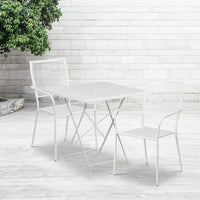Table de jardin carrée pliante en acier de 28 po et 2 chaises à dossier carré, int./ext., blanc [CO-28SQF-02CHR2-WH-GG]-L’ensemble comprend une table pliante et 2 chaises