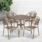 Table de jardin carrée de 35,5 po en acier doré avec 4 chaises à dossier rond, intérieur/extérieur [CO-35SQ-03CHR4-GD-GG]-L’ensemble comprend une table et 4 chaises