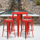 30'' Round Red Metal Indoor-Outdoor Bar Table Set with 4 Square Seat Backless Barstools (CH-51090BH-4-30SQST-RED-GG)-30"W x 30"D x 41"H