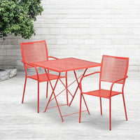 Table de jardin carrée pliante en acier de 28 po et 2 chaises à dossier carré, int./ext., corail [CO-28SQF-02CHR2-RED-GG]-L’ensemble comprend une table pliante et 2 chaises