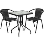 Table carrée de 23,5 po en verre et en métal et 2 chaises empilables en rotin noir (TLH-0731SQ-037BK2-GG)-Ensemble de table et chaises