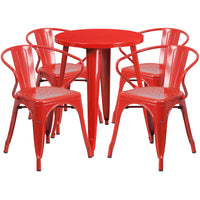 24'' Round Red Metal Indoor-Outdoor Table Set with 4 Arm Chairs (CH-51080TH-4-18ARM-RED-GG)-Indoor Outdoor Sets