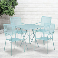 Table jardin pliante carrée en acier 28 po et 4 chaises à dossier carré, intérieur/extérieur, bleu ciel [CO-28SQF-02CHR4-SKY-GG]-Ensemble comprenant 1 table pliante et 4 chaises