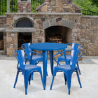 Ensemble avec table ronde en métal bleu et 4 sièges à bras ajourés, intérieur/extérieur, 30 po (CH-51090TH-4-18ARM-BL-GG)-30 larg. x 30 prof. x 29,50 haut. (po)