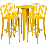 Table de bar ronde de 24 po en métal avec 4 chaises à dossier à lattes verticales, int./ext., jaune (CH-51080BH-4-30VRT-YL-GG)-Table de bar à café en métal