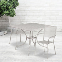 Table de jardin carrée en acier de 35,5 po et 2 chaises au dossier carré, intérieur/extérieur, gris pâle [CO-35SQ-02CHR2-SIL-GG]-Ensemble comprenant 1 table et 2 chaises